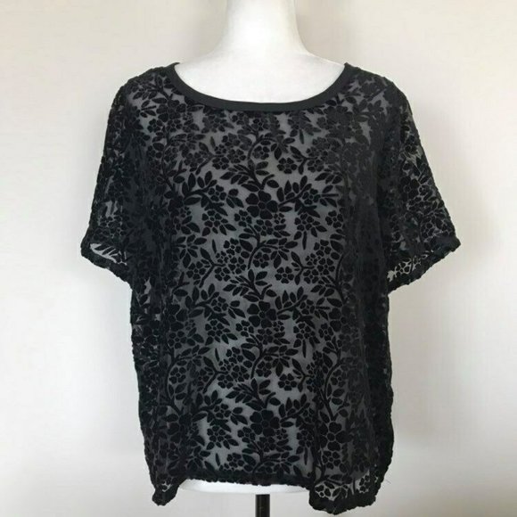 Lucky Brand Tops - LUCKY BRAND Short Sleeve Velvet Burnout Top Blouse Size Large Black Floral